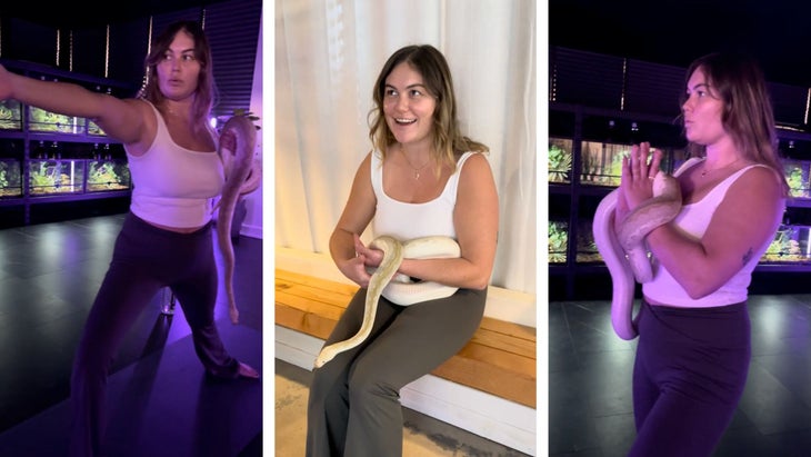 l'auteur posant et pratiquant le yoga avec un serpent