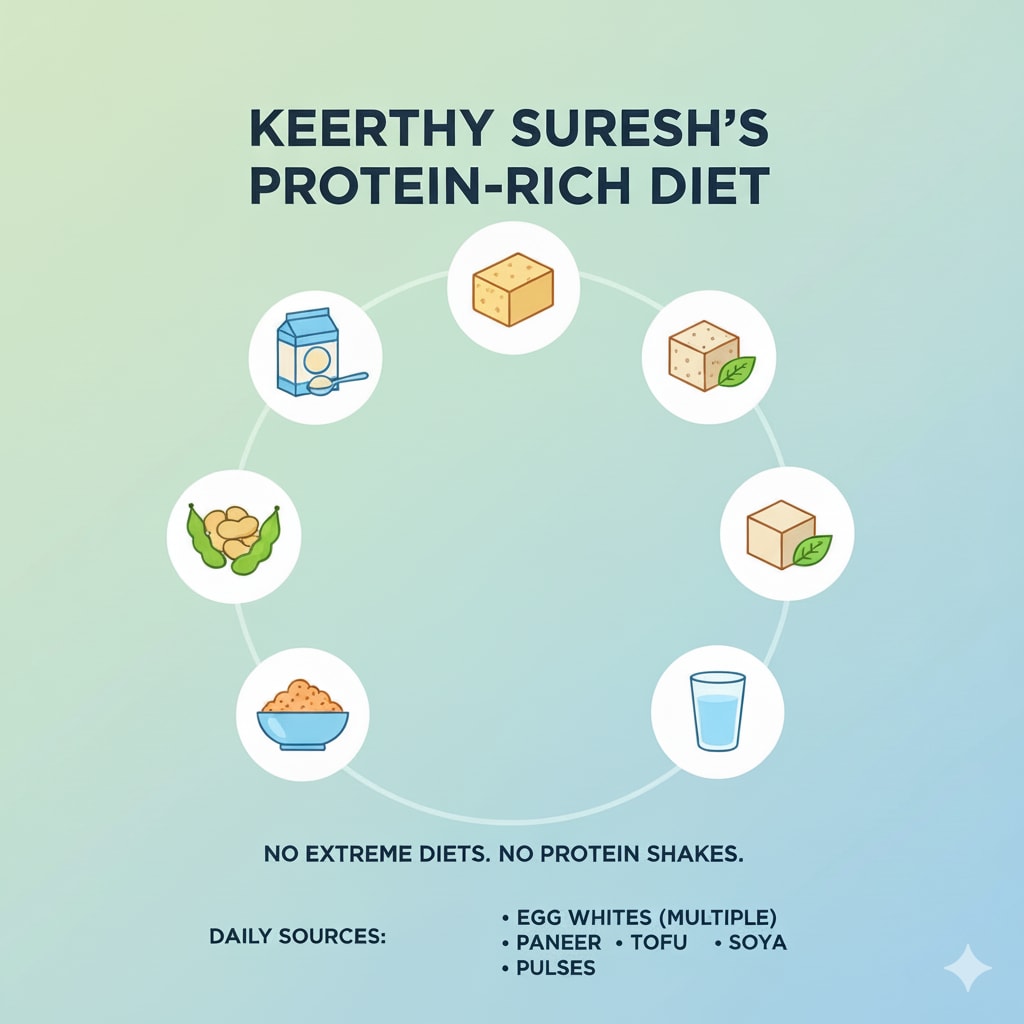 Keerthy mentionne ses sources de protéines : blancs d'œufs, paneer, tofu, soja et légumineuses.
