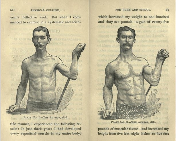 Le professeur D.L. Dowd présentant une première promotion 'avant/après' de son système de culture physique.