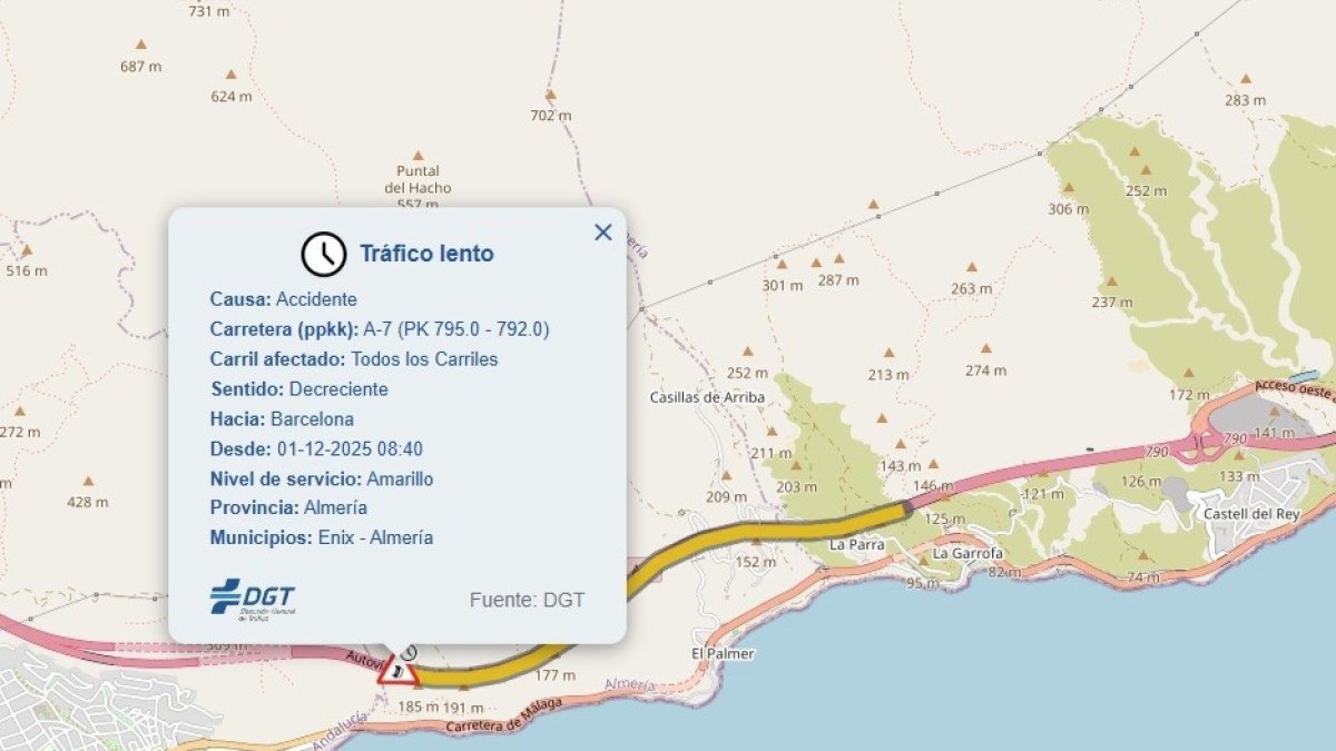 Accident sur l'A-7 : deux blessés et embouteillages à l'entrée du port d'Almería