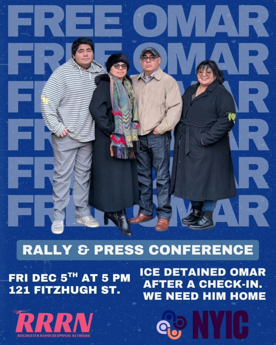 Affiche d'un rassemblement pour demander la libération d'Omar Ramos Jimenez, un homme d'affaires local détenu par l'immigration.