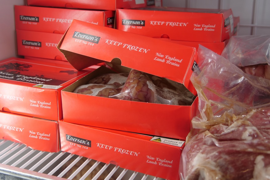 Des cartons rouges contenant de la viande congelée sur une étagère d'un congélateur, à côté d'une autre coupe de viande emballée sous vide.