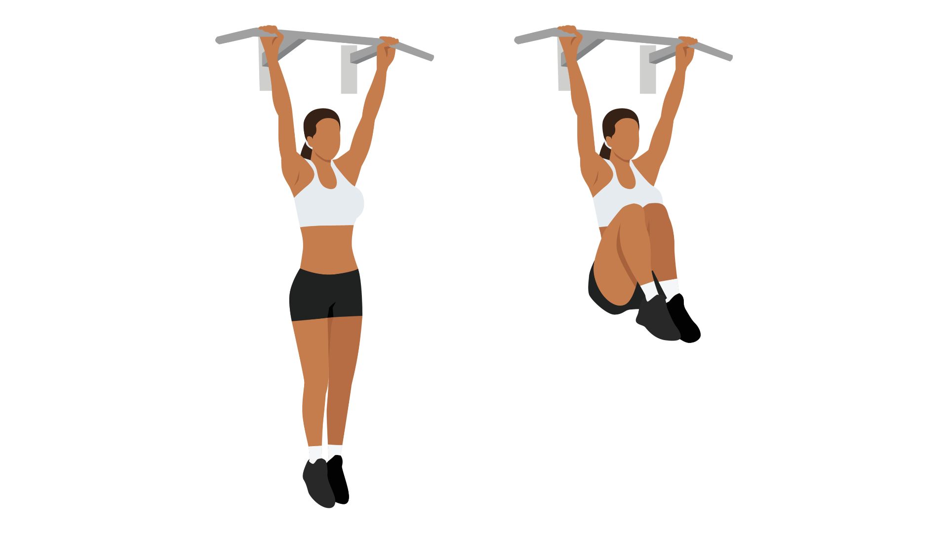 Illustration d'une femme effectuant un relevé de genoux suspendus, jambes pendantes et genoux levés.