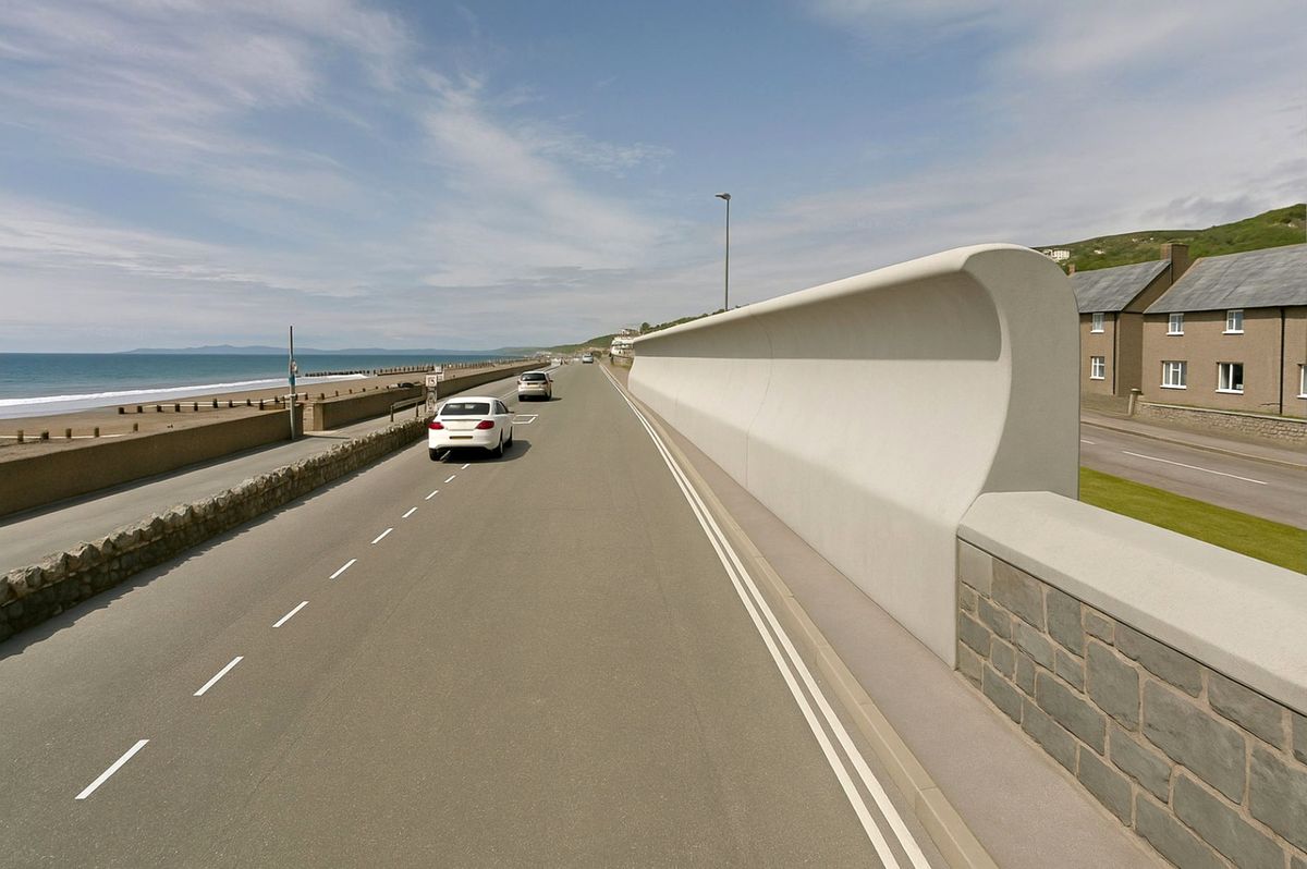 Image générée par IA donnant une idée du plan de mur secondaire en béton devant les propriétés de Barmouth
