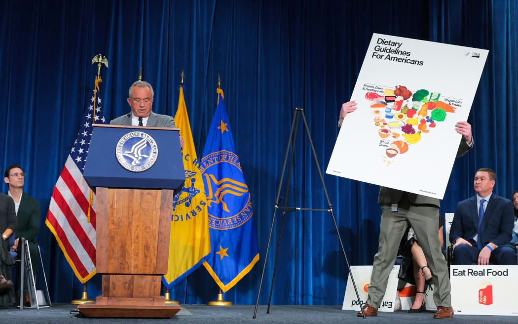 Le secrétaire américain à la Santé et aux Services humains, Robert F. Kennedy Jr., dévoile le nouveau tableau alimentaire lors d'un événement à Washington, D.C.