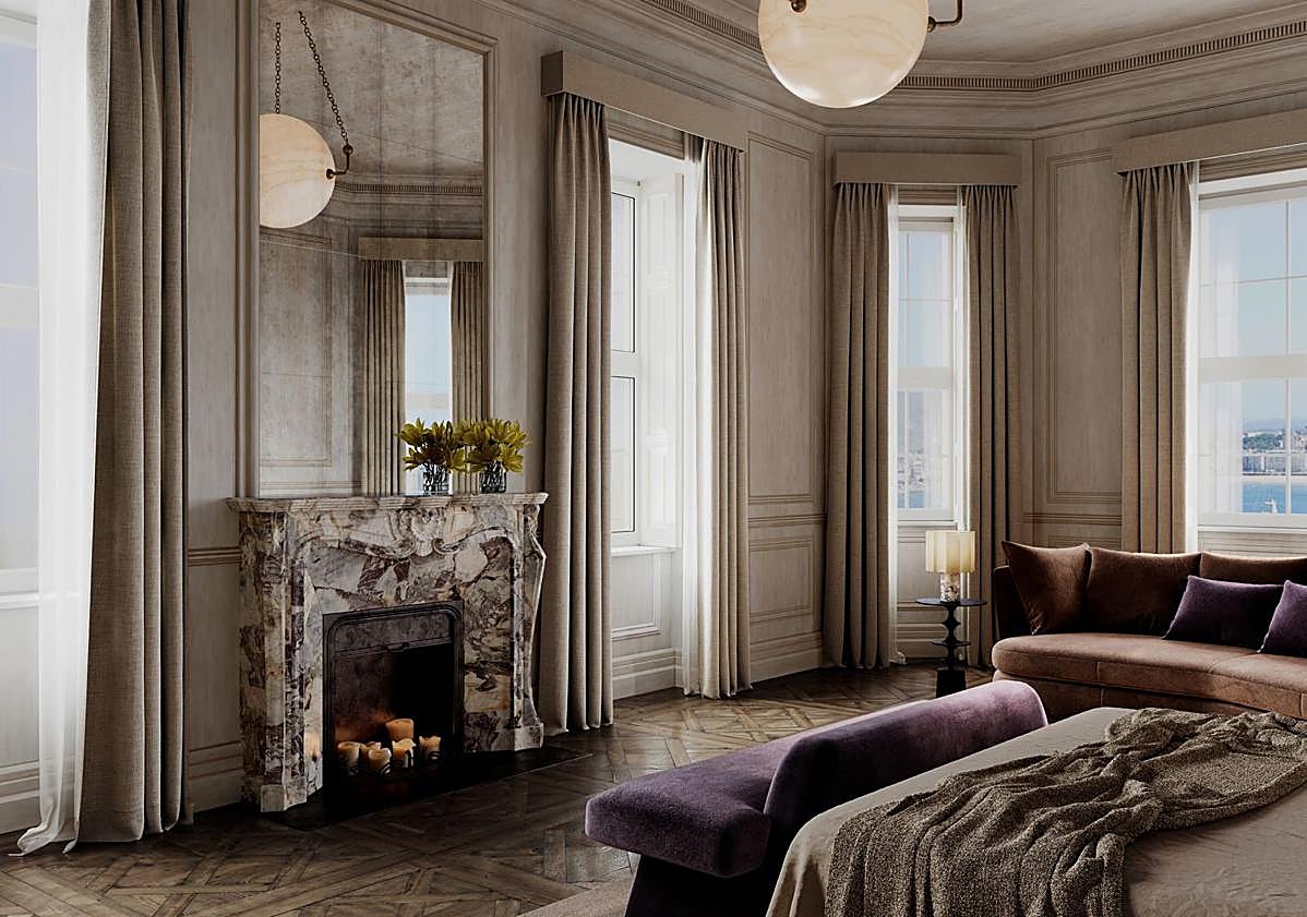 Chambre projetée au sein du bâtiment, avec suite, cheminée, jacuzzi et piscine privée.