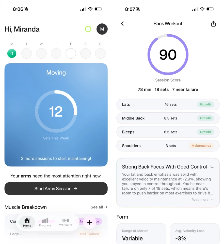 L'application mobile consigne vos répétitions et séries, et présente des analyses de votre entraînement, y compris des retours sur votre posture