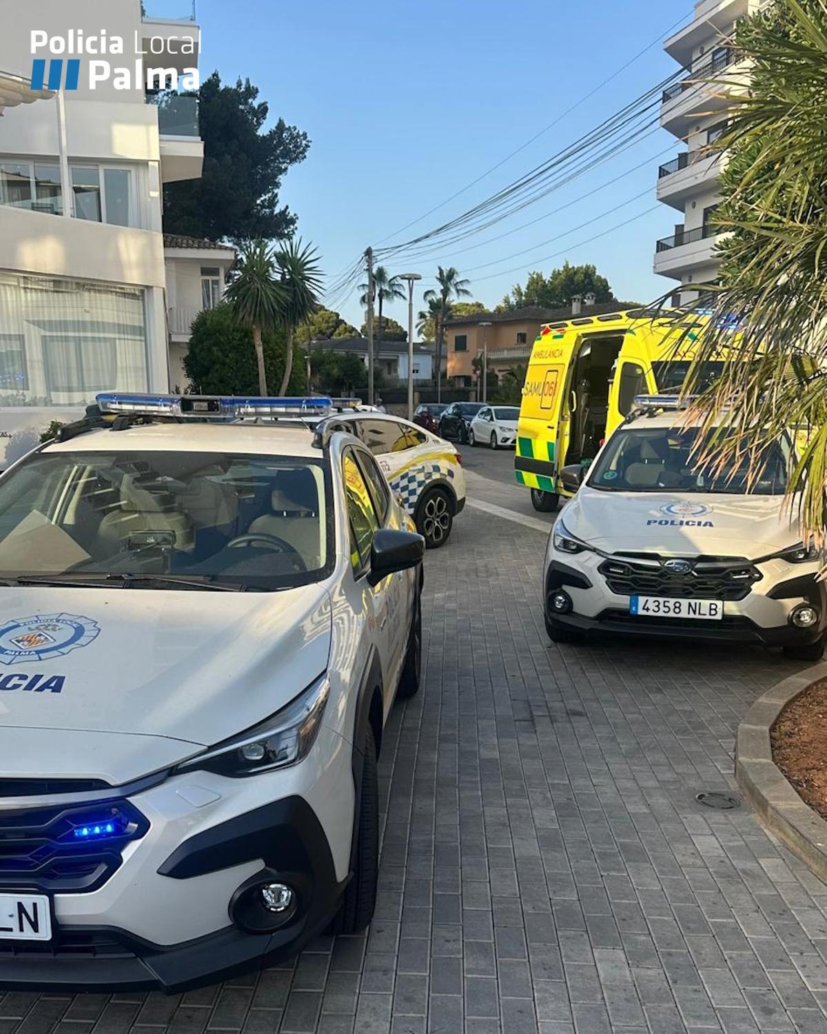 La ambulancia y coches de la Policía Local, frente al hotel.