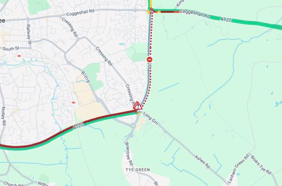 Carte de l'AA montrant la circulation sur l'A120 après un accident au Galley's Corner