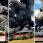 Incendie d'un dépôt de caoutchouc et plastique : un lac sous un nuage noir