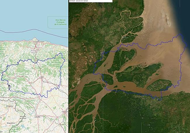 Superposition de la province de León sur l'estuaire de l'Amazone.
