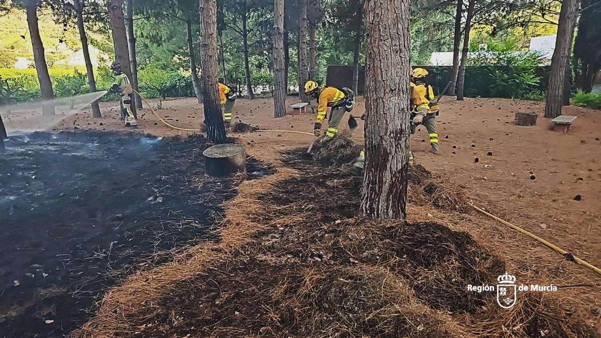 Les pompiers interviennent sur le terrain touché par l’incendie.