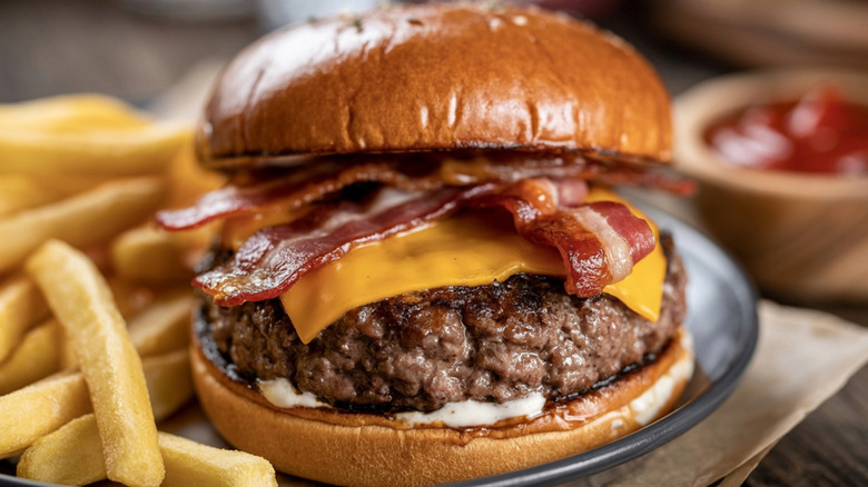 Un cheeseburger au bacon avec une portion de frites